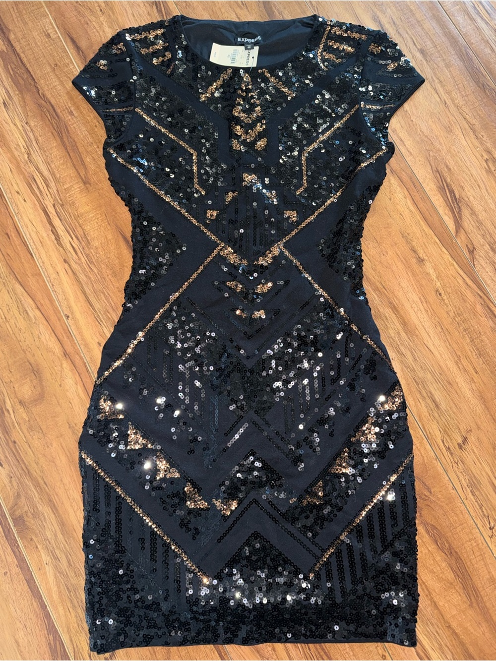Express Black & Gold Sequin Mini Bodycon Dress